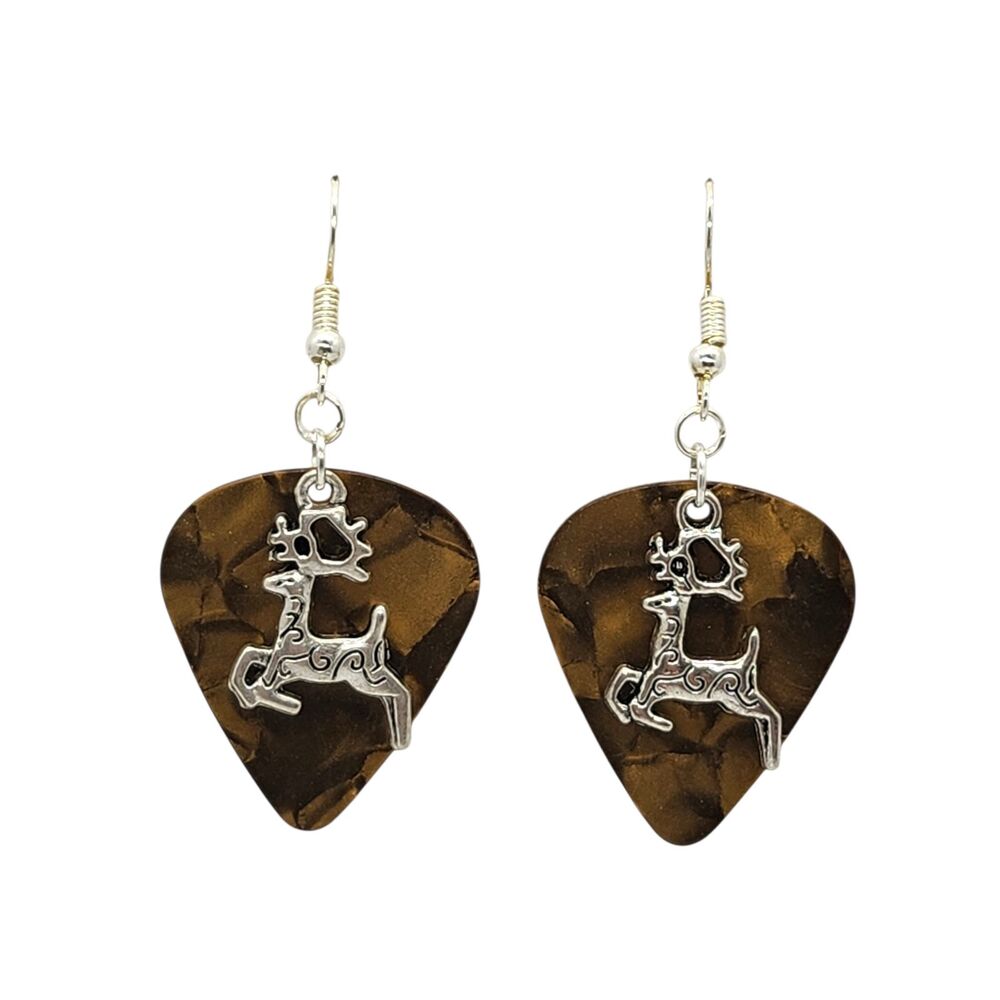 Christmas Reindeer Charm Guitar Pick Earrings - Choose Color - Handmade in USA